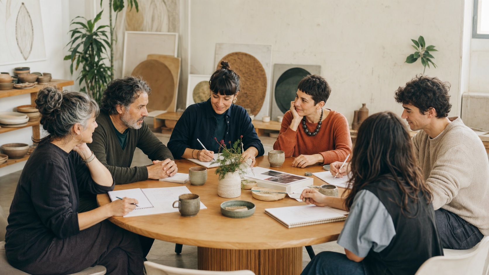 Personas trabajando juntas alrededor de una mesa redonda en un proyecto cultural
