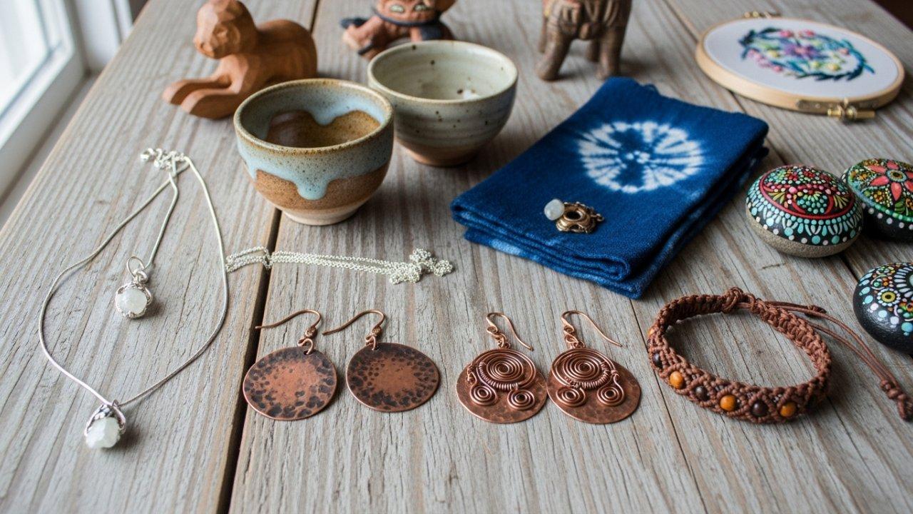 Artesanía local y piezas creativas expuestas en una mesa