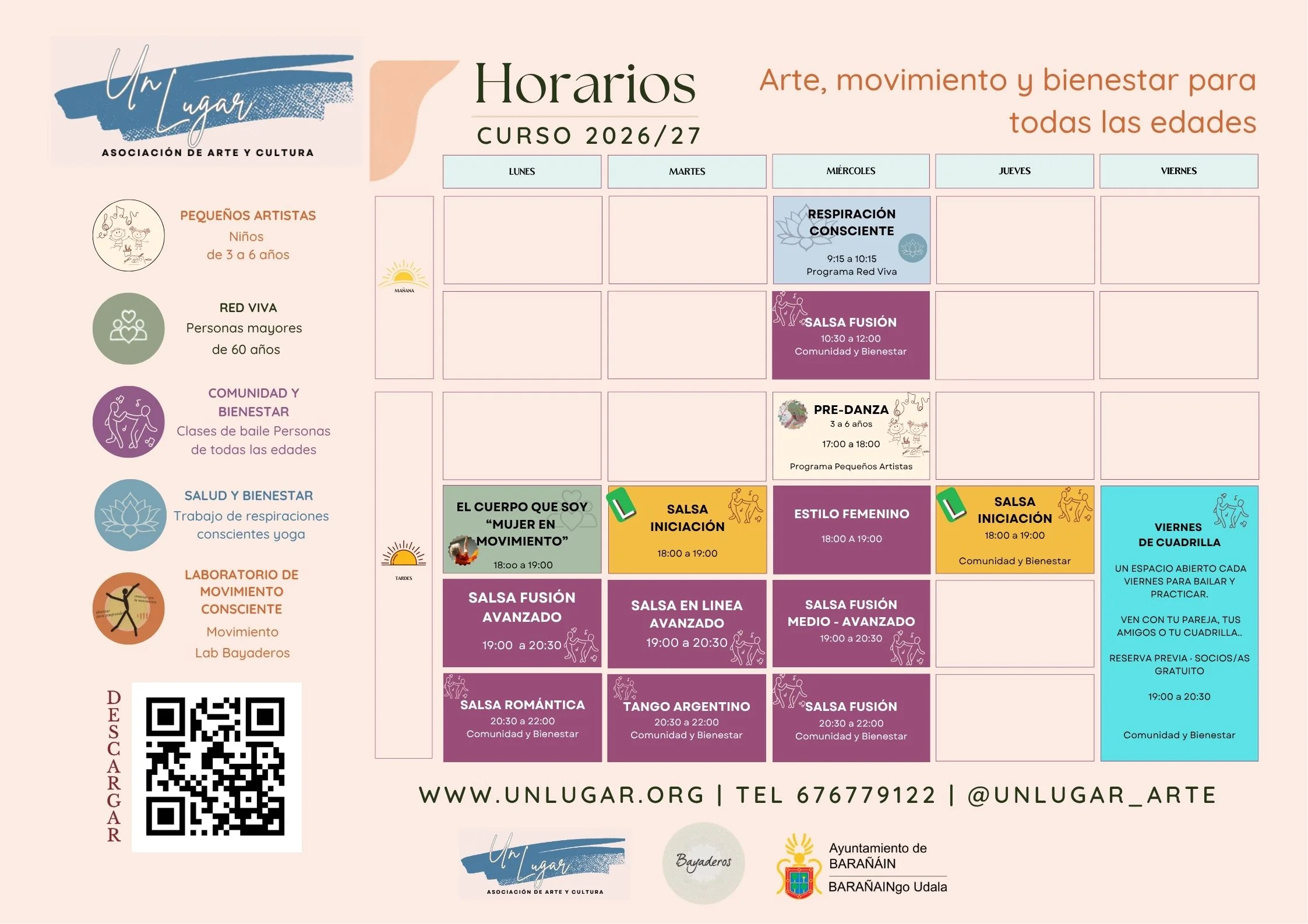 Horario semanal de clases regulares 2026/27 de Un Lugar