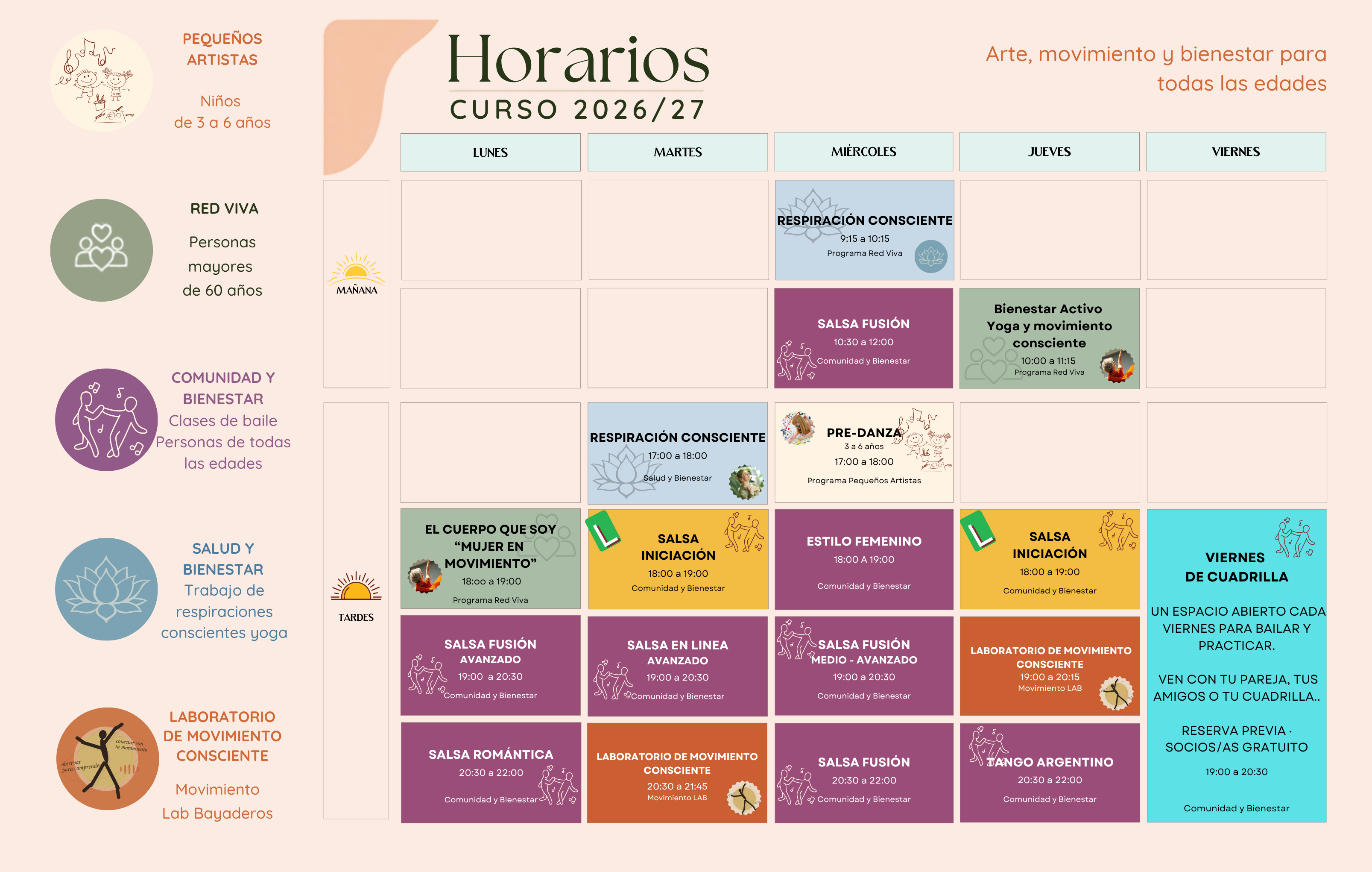 Horario semanal de clases regulares 2026/27 de Un Lugar