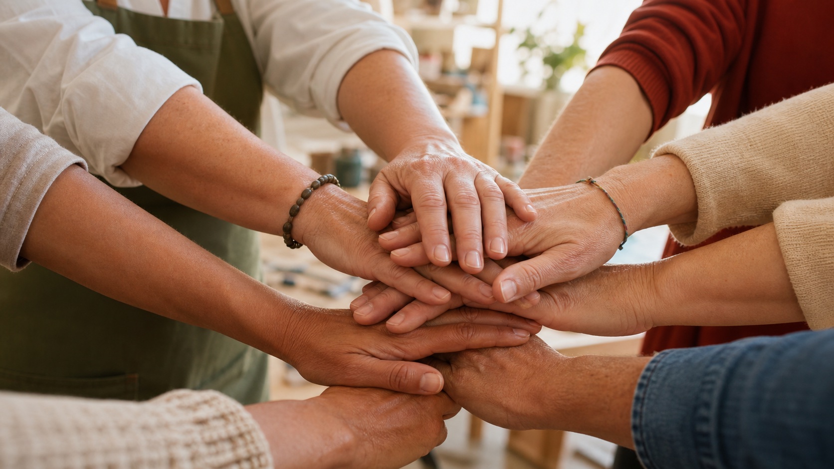 Manos unidas como símbolo de colaboración cultural, salud comunitaria y bienestar
